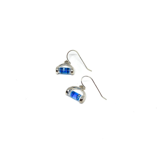 Pair of silver earrings shaped like miniature bubble levels with blue liquid and a clear bubble.