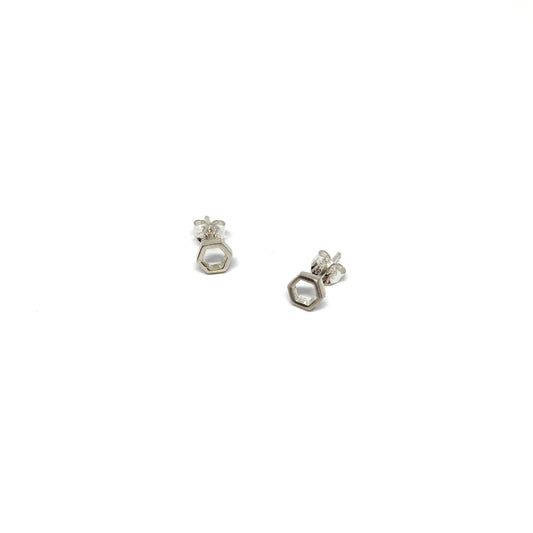 Two shiny silver stud earrings, each shaped like a small, open hexagon, are displayed.