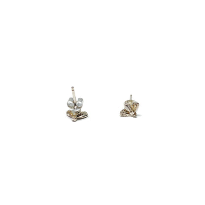 Two shiny silver stud earrings shaped like detailed bumblebees are shown, one with the post and back visible.