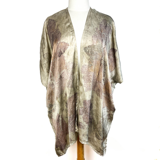 Short Silk Cardigan with a relaxed open front and botanical leaf print in a naturally dyed pattern.