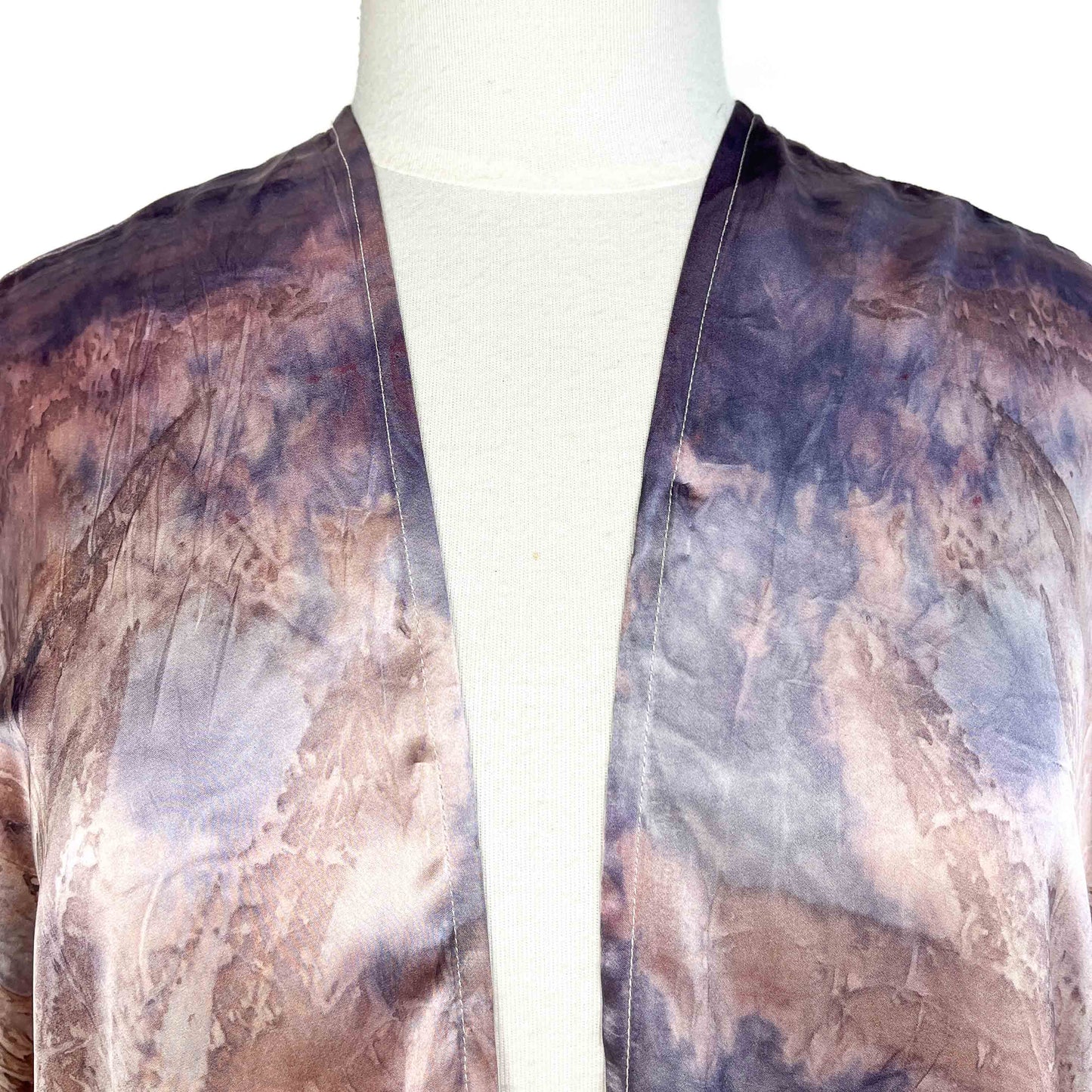 Close-up of neckline on a Short Silk Cardigan showcasing smooth silk texture and botanical print.