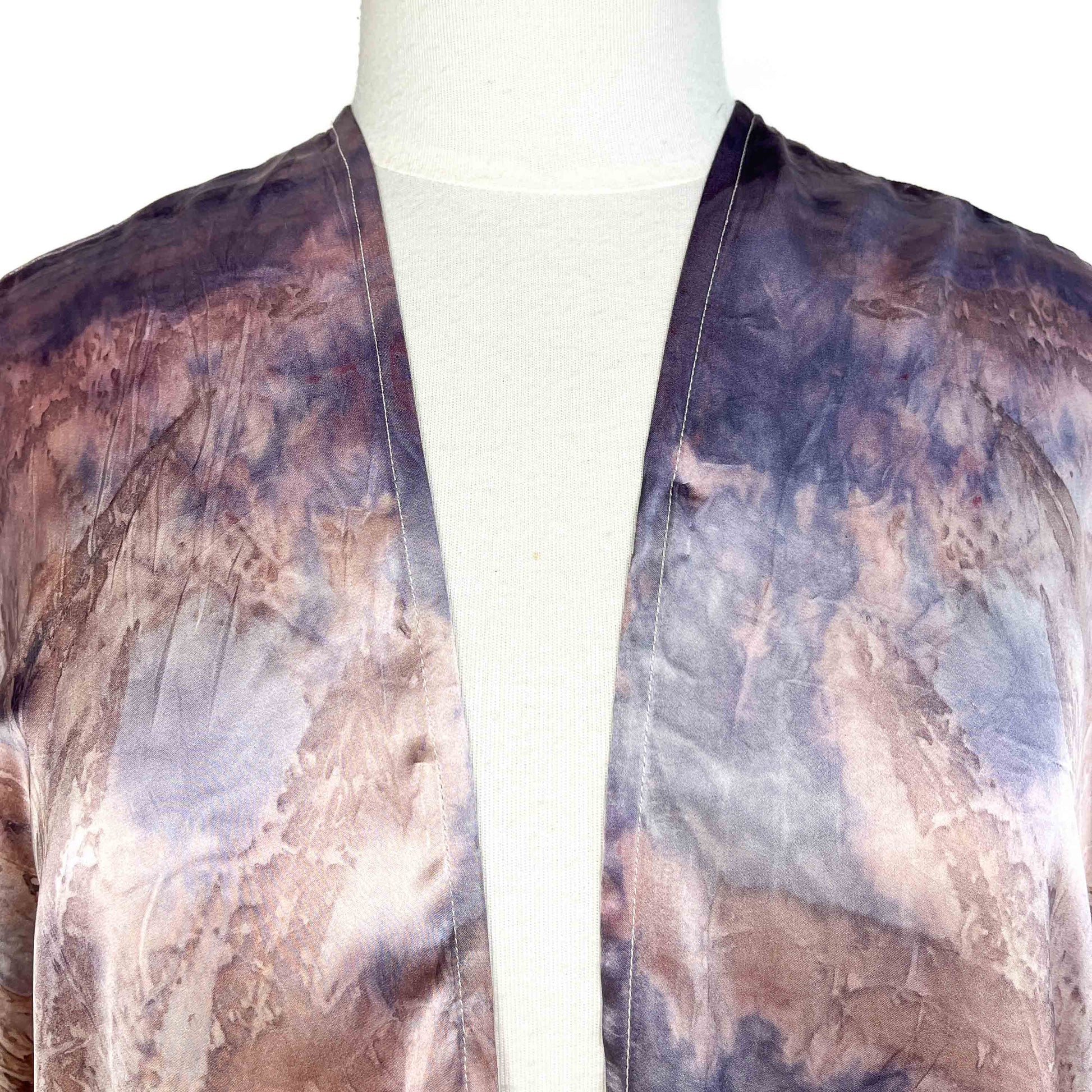 Close-up of neckline on a Short Silk Cardigan showcasing smooth silk texture and botanical print.