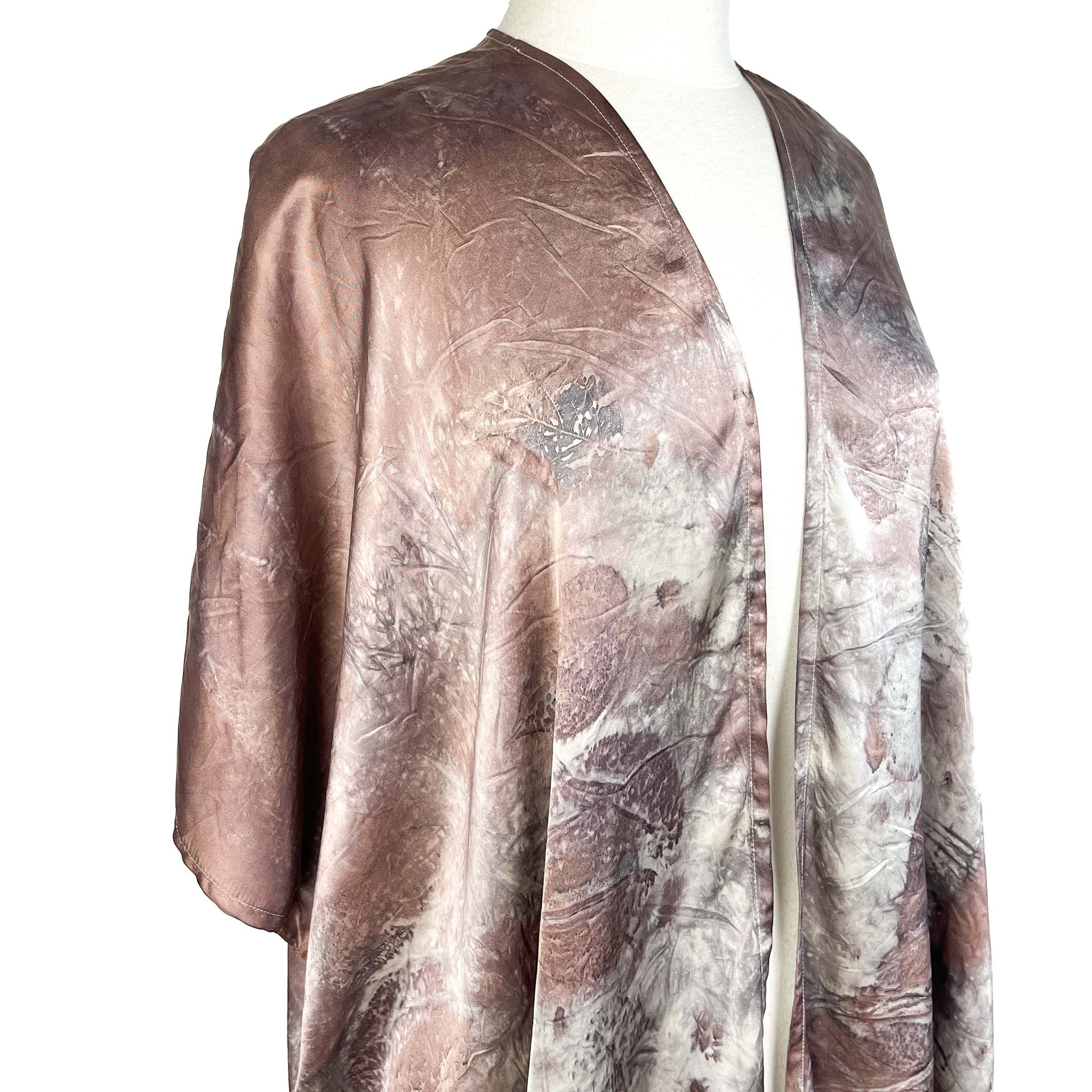 Side angle of Short Silk Cardigan with soft, painterly dye work and relaxed open front cut.