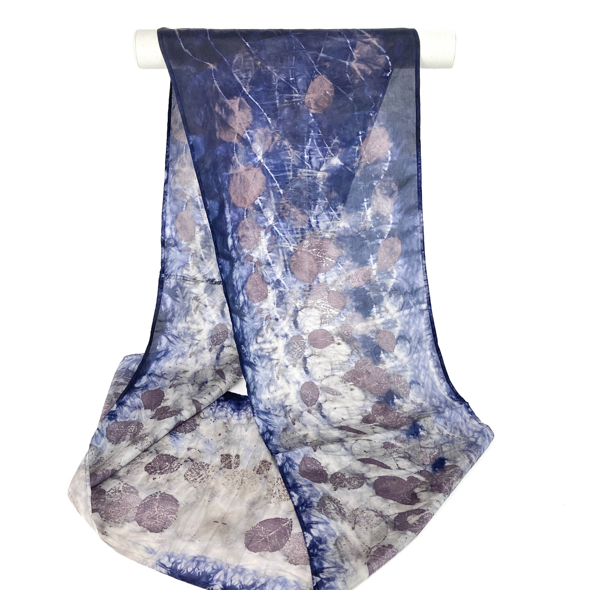 Sheer Silk Habotai Infinity Scarf with an abstract leaf pattern and a soft, flowing drape.