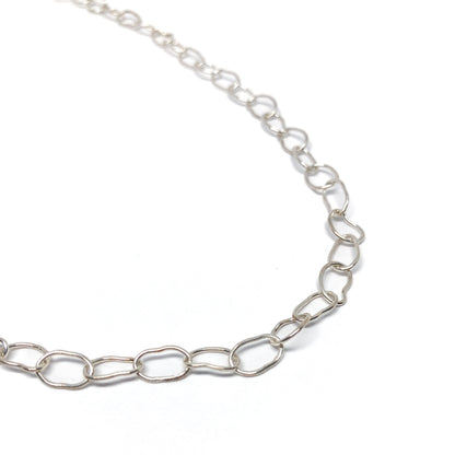 Silver oval link necklace close up.