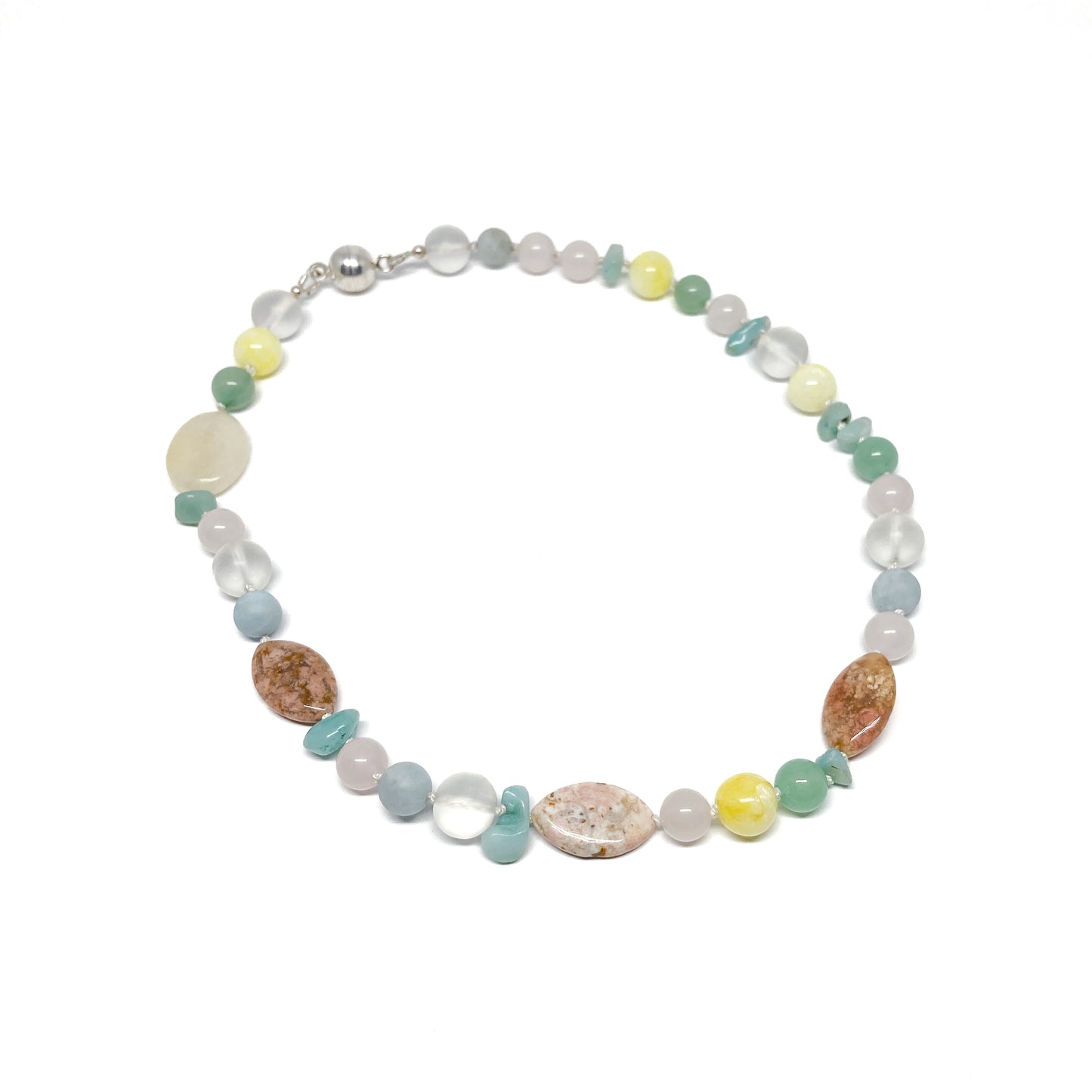 Pastel beaded necklace with various stones.