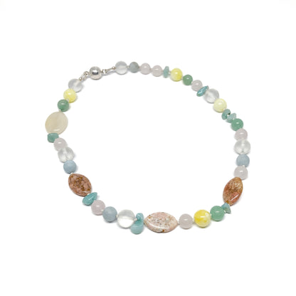 Pastel beaded necklace with various stones.