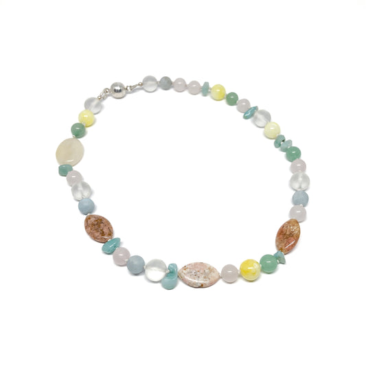 Pastel beaded necklace with various stones.