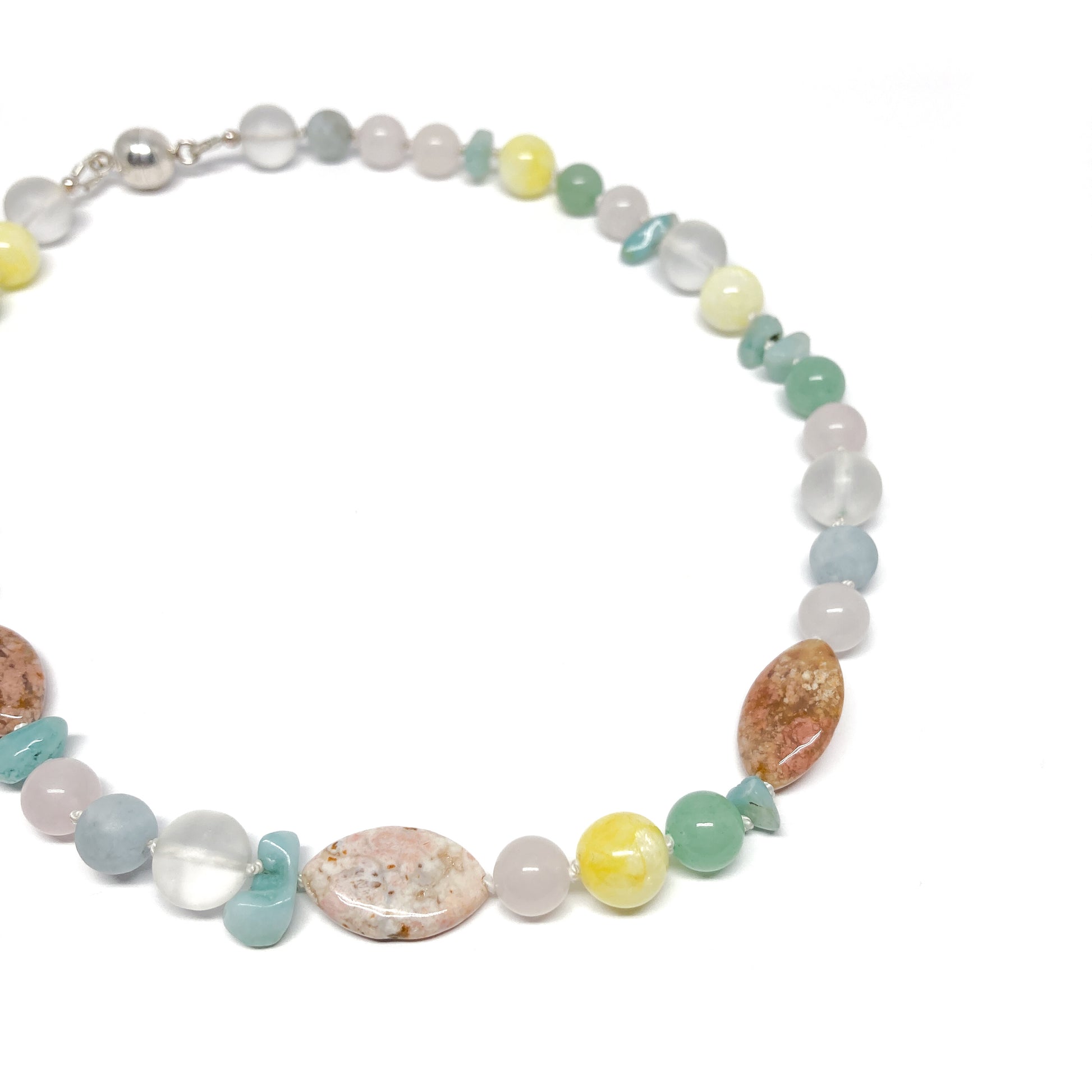 Pastel beaded necklace with various stones.