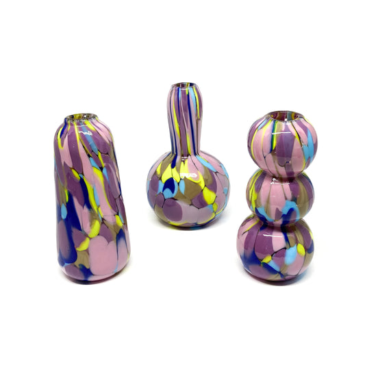 Set of three Slumber Party Mini Vases with unique shapes and marbled glass patterns.
