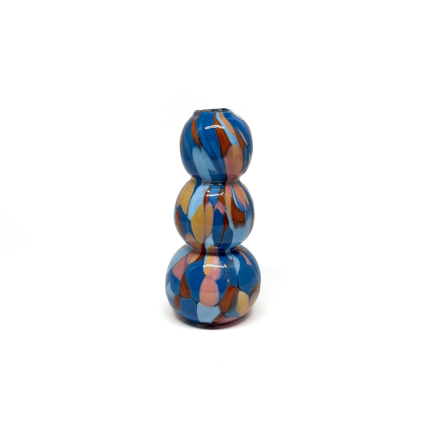 Stacked-sphere Blue & Orange Mini Vase with a glossy finish and vibrant glass design.