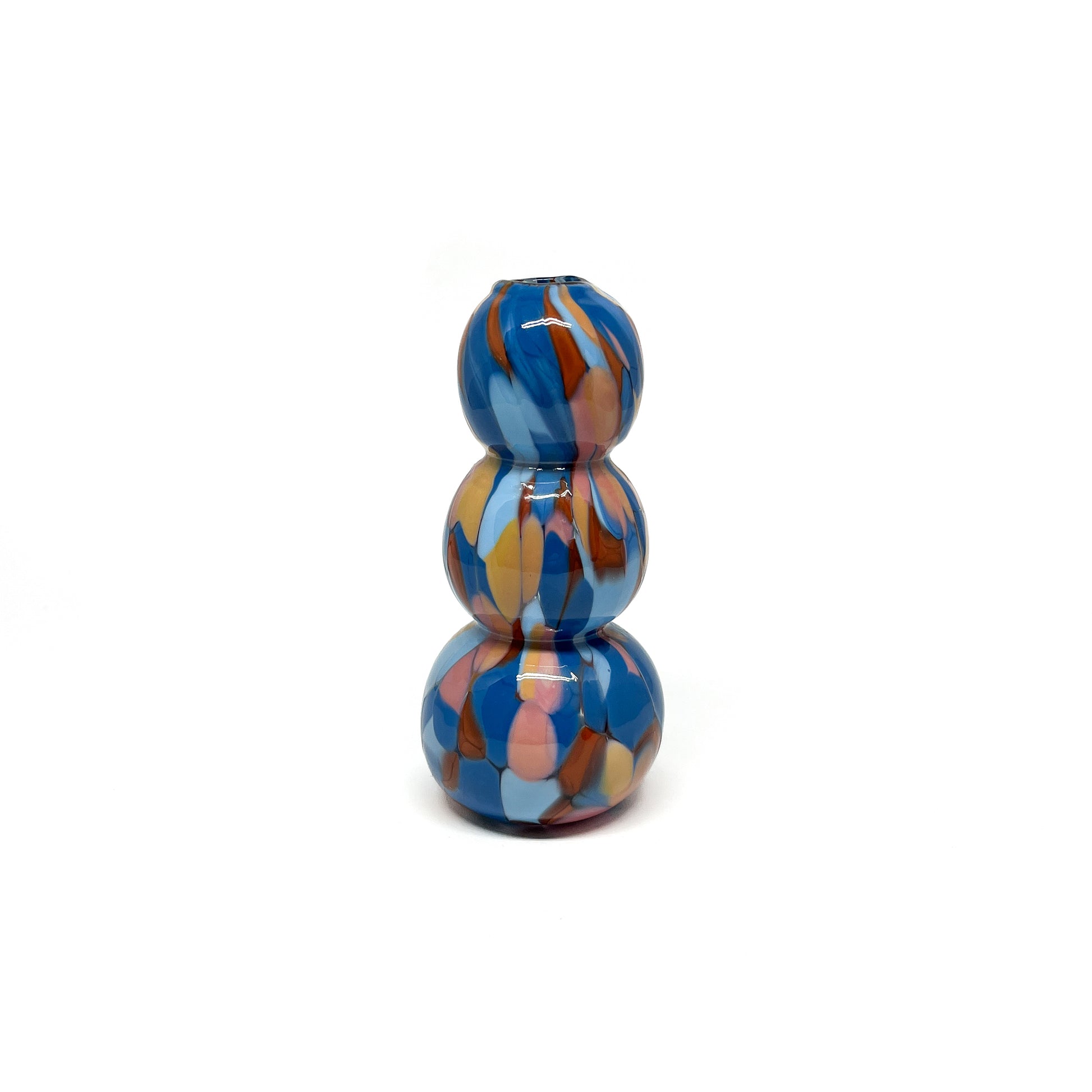 Stacked-sphere Blue & Orange Mini Vase with a glossy finish and vibrant glass design.