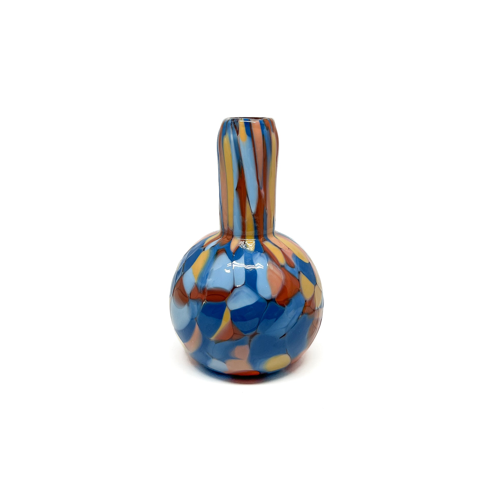 Bulb-based Blue & Orange Mini Vase with elongated neck and multicolored glass surface.
