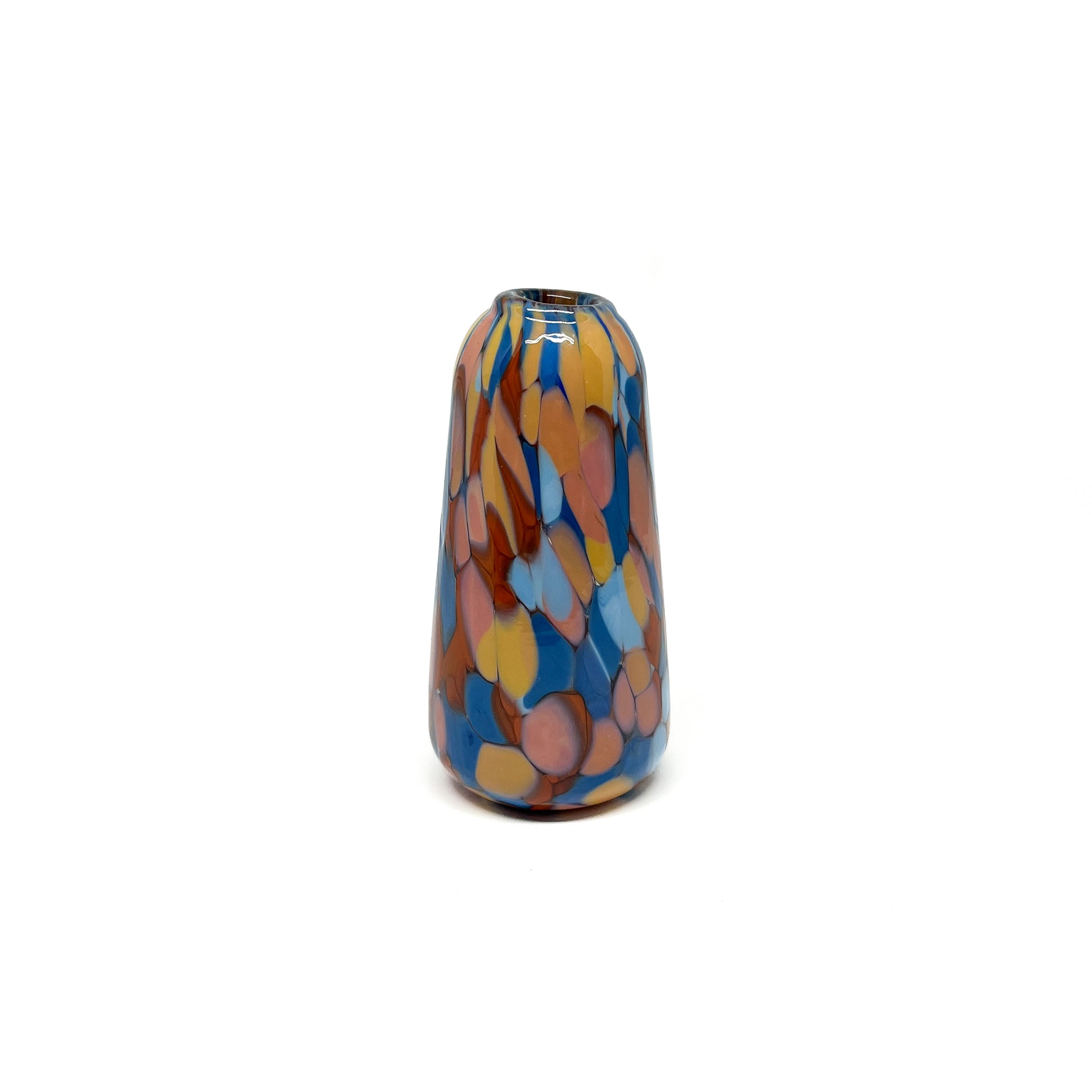 Tall Blue & Orange Mini Vase with tapered form and layered marbled glass texture.