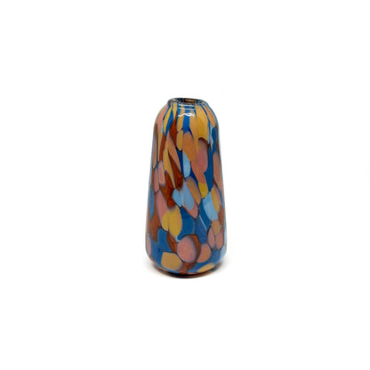 Tall Blue & Orange Mini Vase with tapered form and layered marbled glass texture.