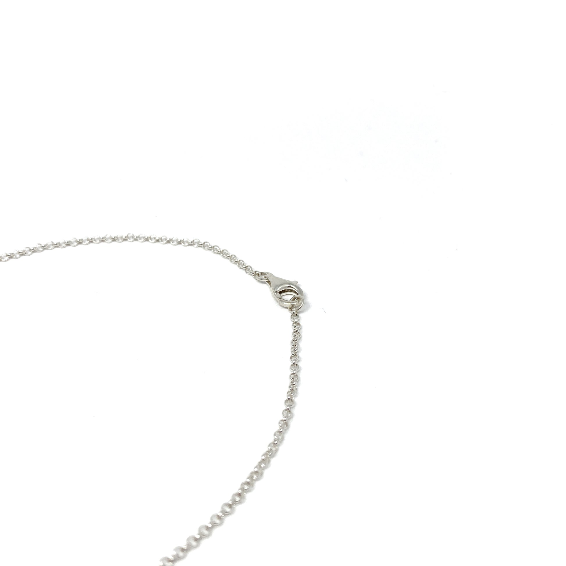 A close-up of the silver lobster clasp and delicate chain of a necklace.