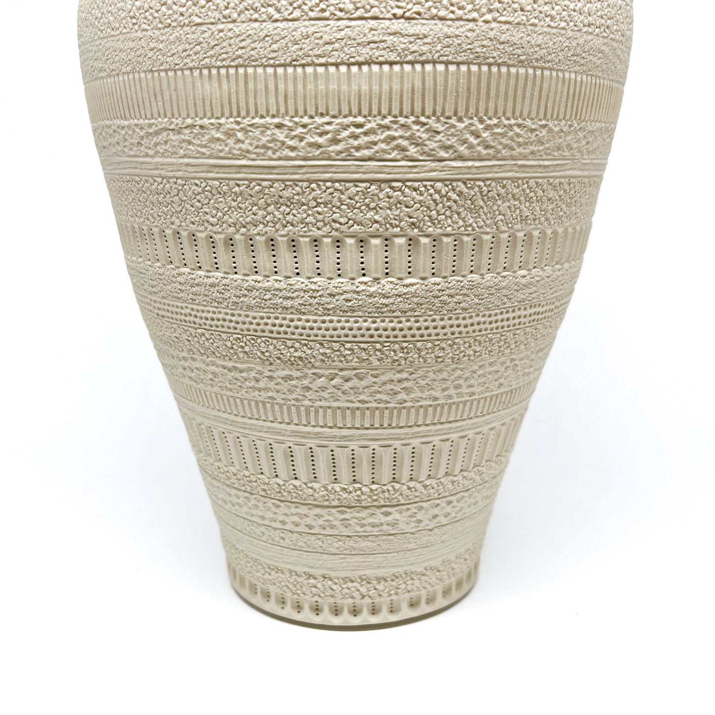 Detailed view of the lower portion of a large Diatom Vase, showcasing its varied textured horizontal bands.