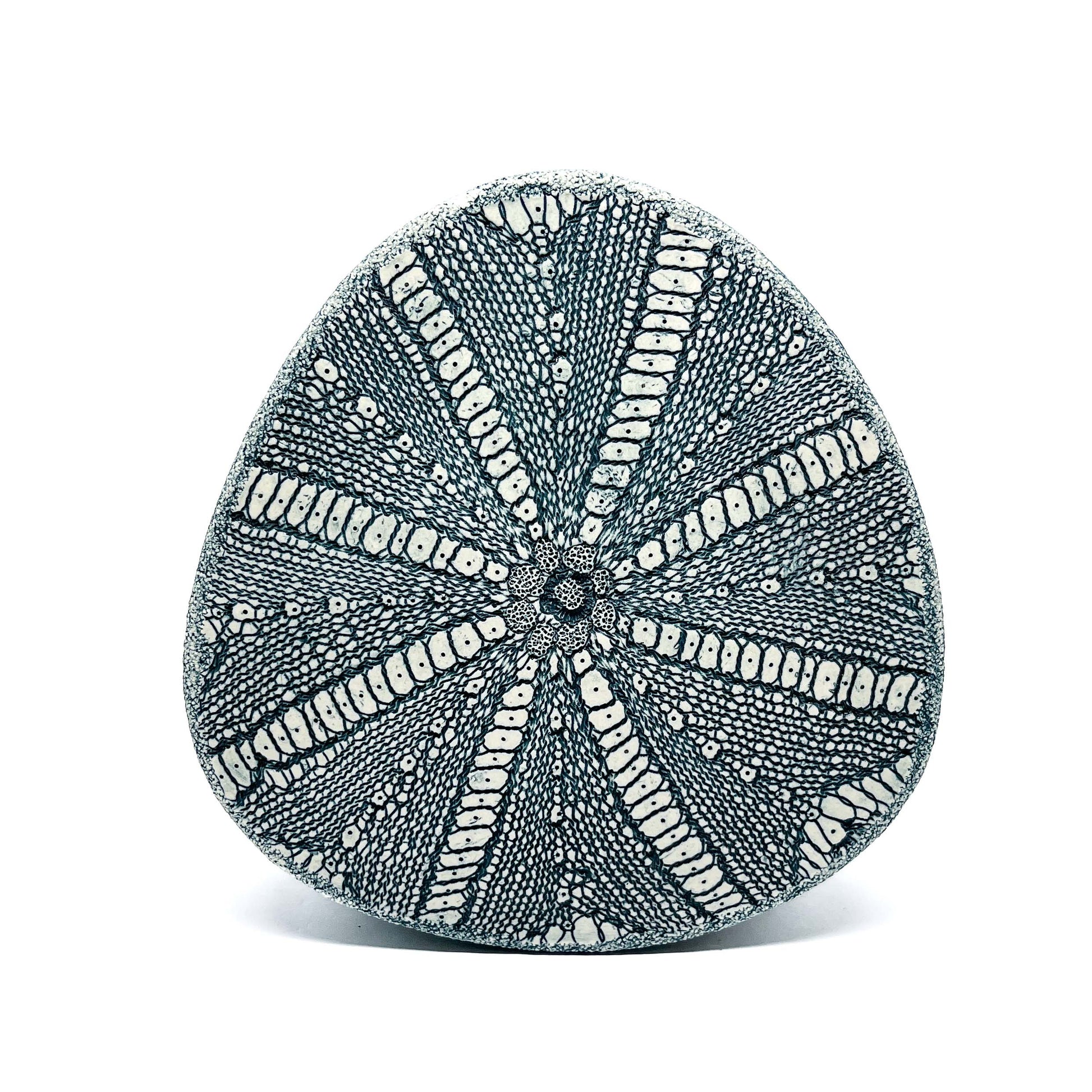 A Green Oxide Triangle Diatom Sculpture with a detailed, textured surface.