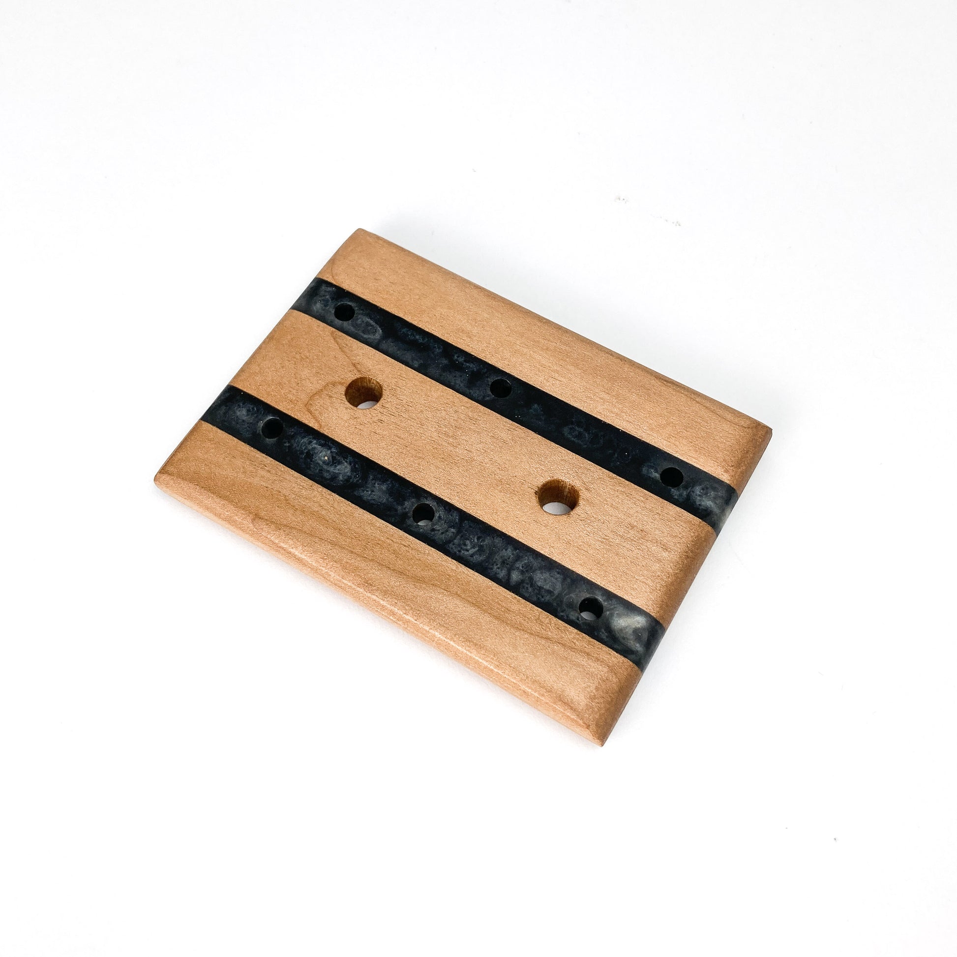 Single Tuxedo Soap Tray with dual resin inlays and seven evenly spaced holes for drainage.