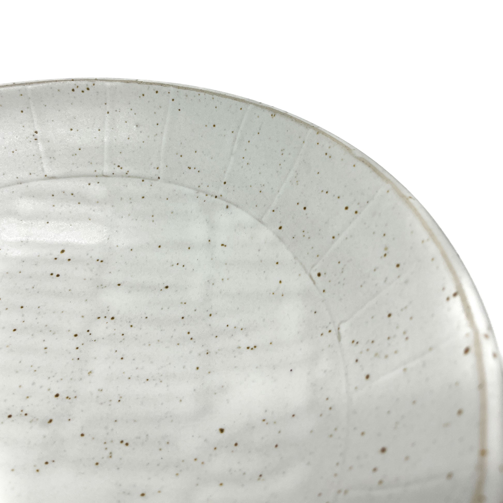 Close-up of a speckled light ceramic bowl's interior showing subtle concentric rings and texture.