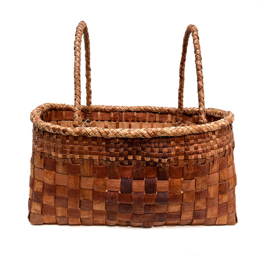 A rectangular woven basket with two handles, showcasing a brown and tan checkered pattern.