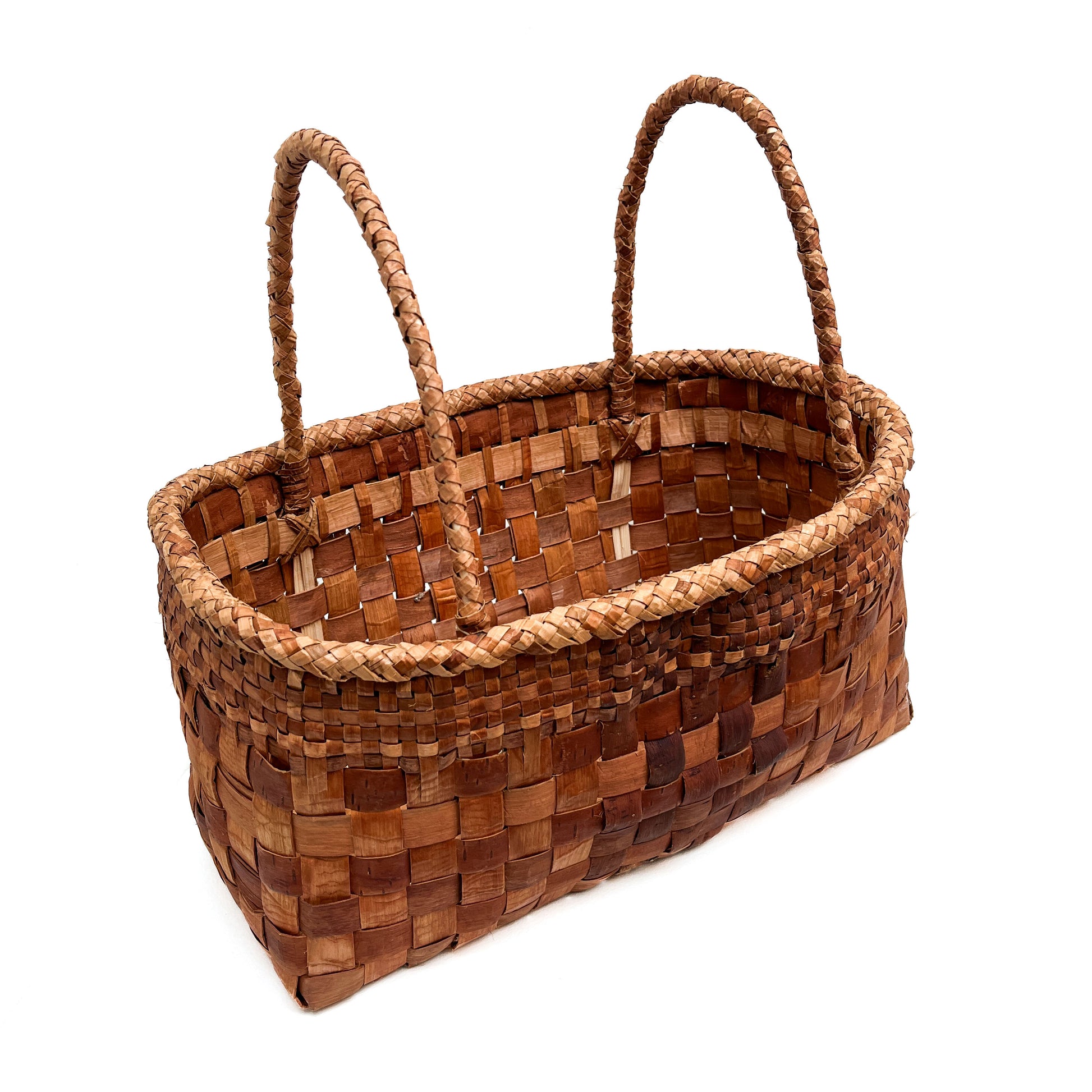 A rectangular woven basket with two handles, showcasing a brown and tan checkered pattern.