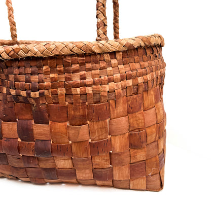 A close-up of a rectangular woven basket with handles, showing the checkered pattern and texture.