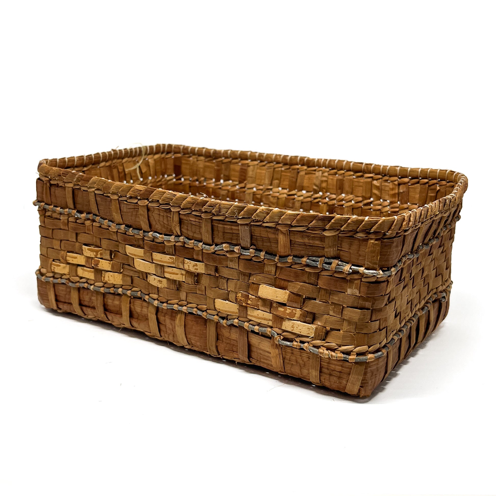 A rectangular woven basket with brown and tan checkered patterns and a gray accent line.