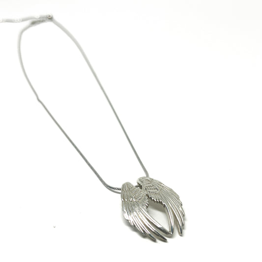 A silver Angel Wings Necklace featuring intricately detailed, layered feather designs on a fine chain.