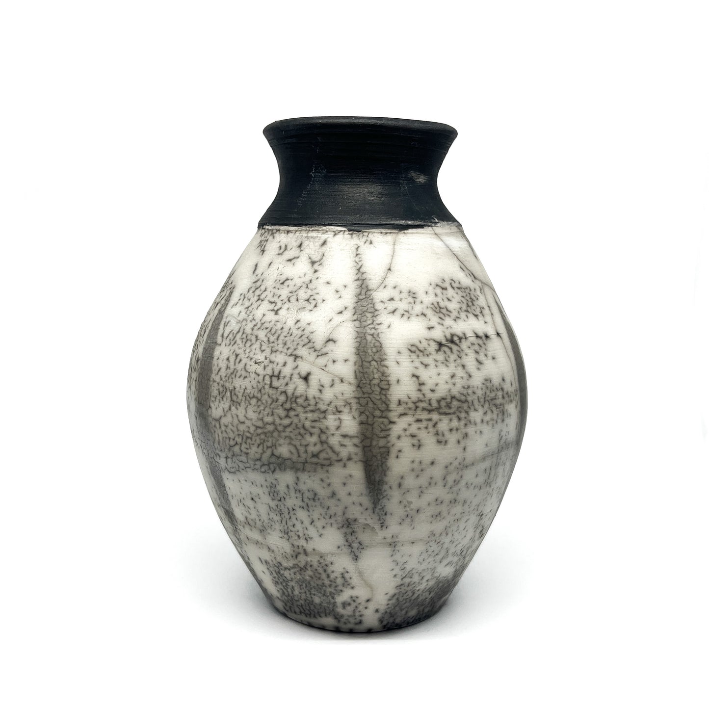 Ceramic vase with a bulbous body, narrow neck, black rim, and crackled black and white glaze.