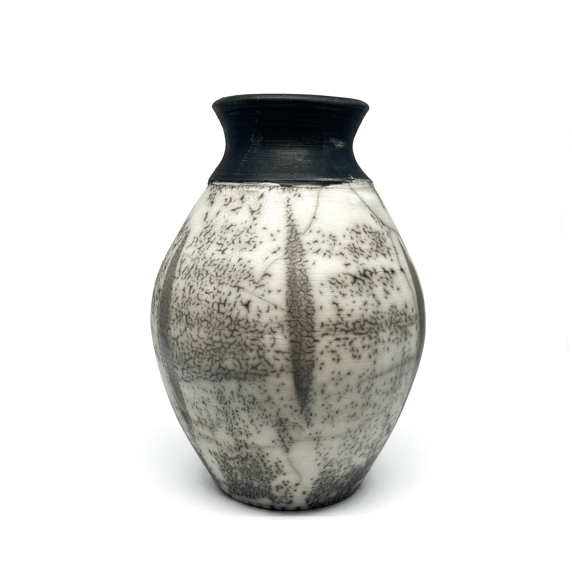 Ceramic vase with a bulbous body, narrow neck, black rim, and crackled black and white glaze.