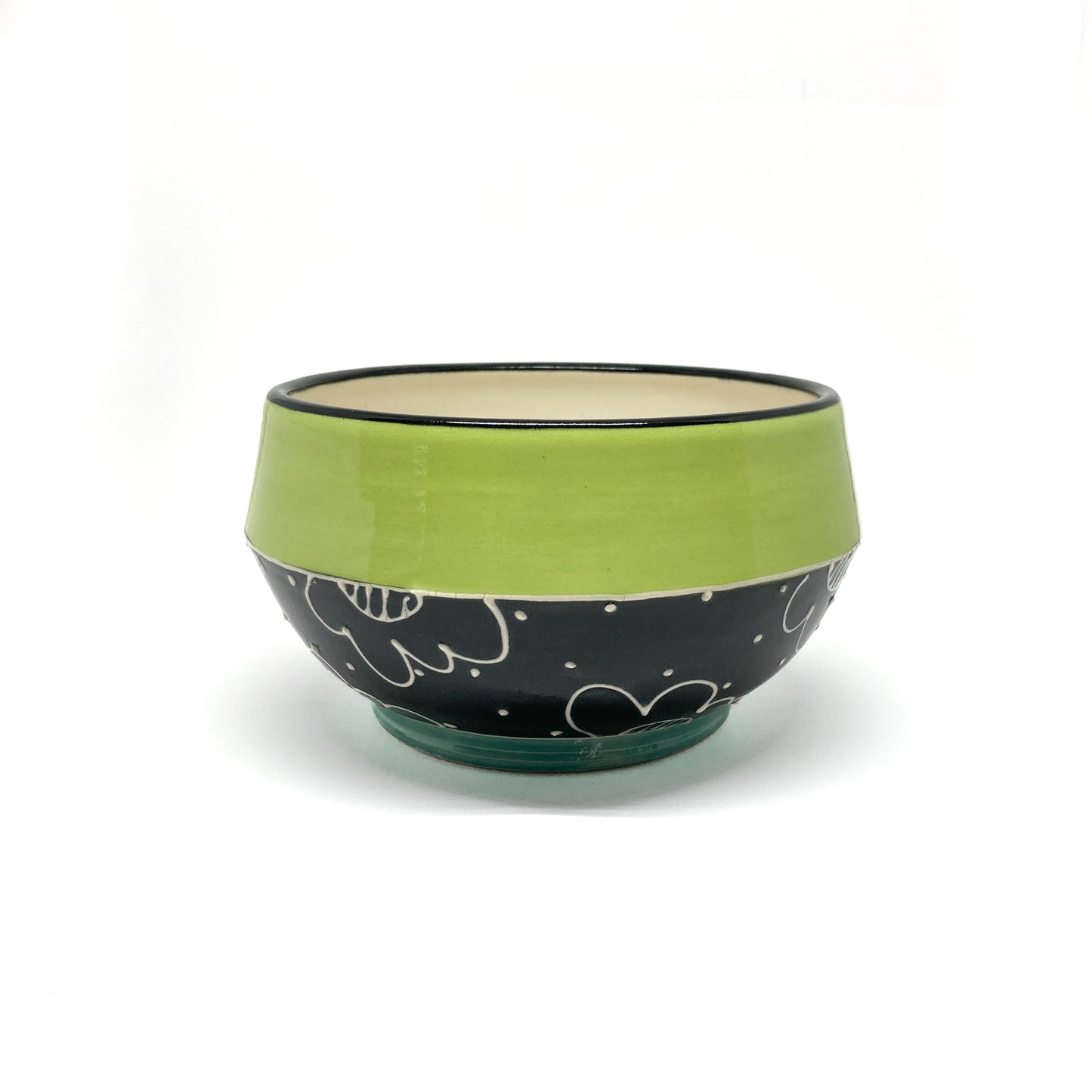 Handmade Soup Bowl with floral pattern, polka dots, and a glossy band around the upper half.