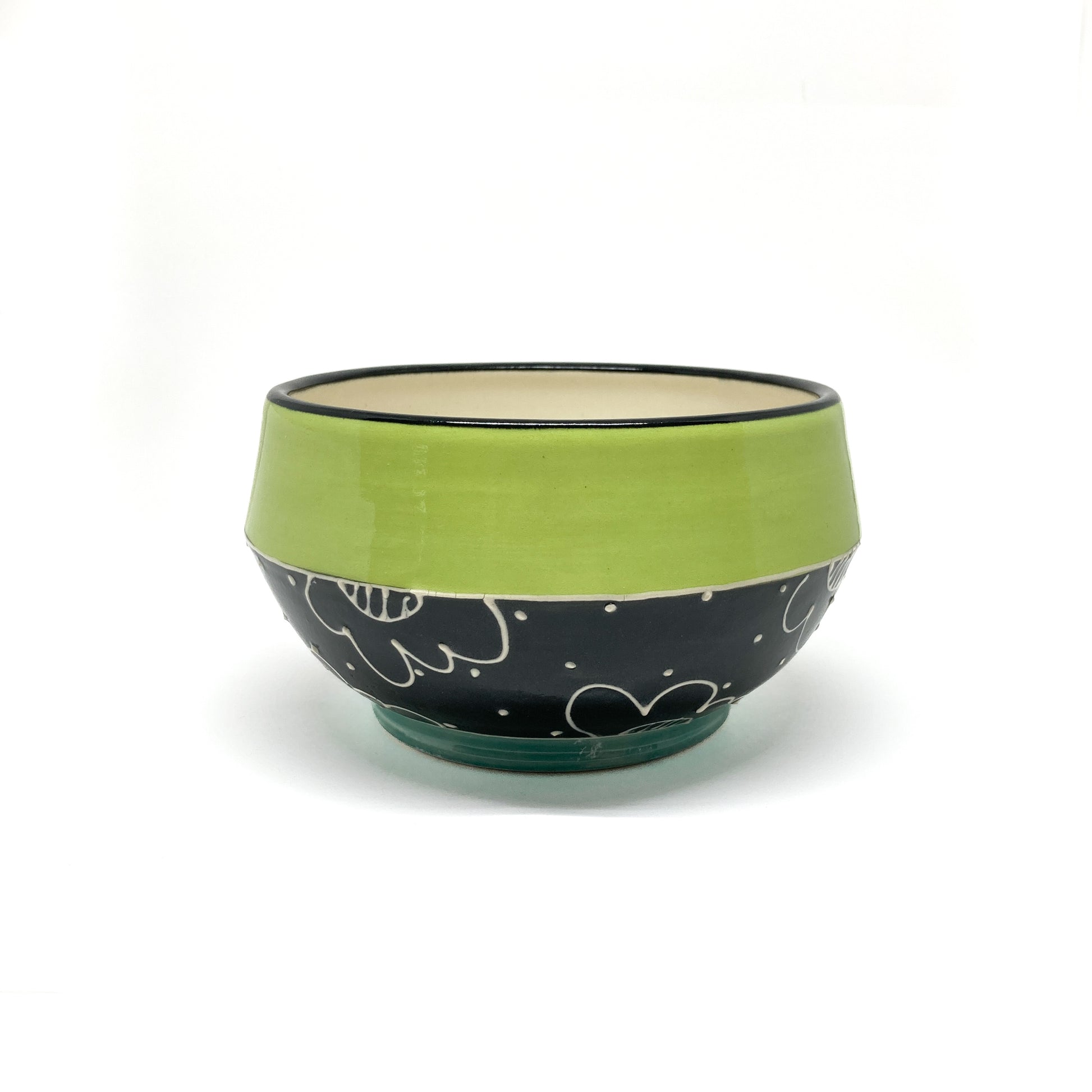 Handmade Soup Bowl with floral pattern, polka dots, and a glossy band around the upper half.