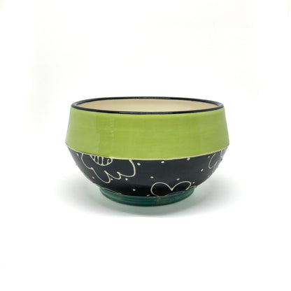 Handmade Soup Bowl with floral pattern, polka dots, and a glossy band around the upper half.