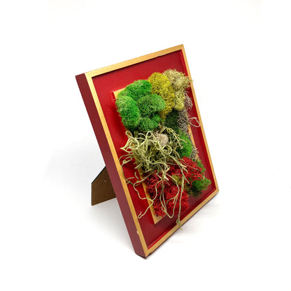 Framed artwork with preserved moss in various colors and textures, propped up on a stand.