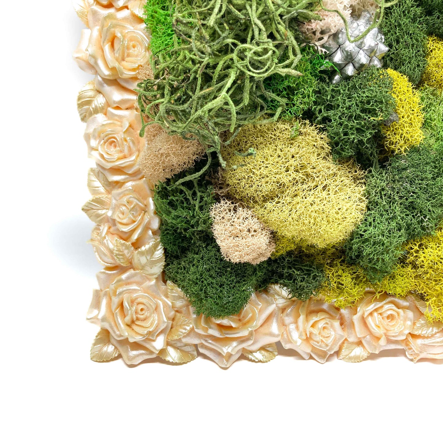 Close-up of framed artwork with preserved moss in various colors and textures, framed by a border of pale roses.