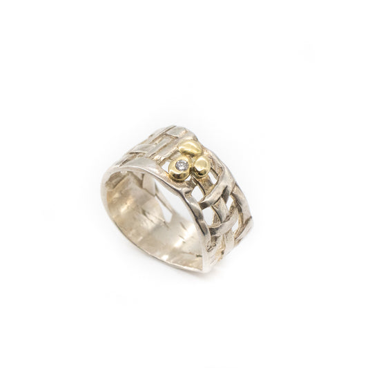 Woven Basket Ring with 18kt Gold and Diamond