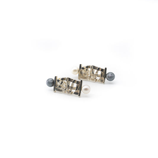 Double Woven Basket Pearl Stud Earrings