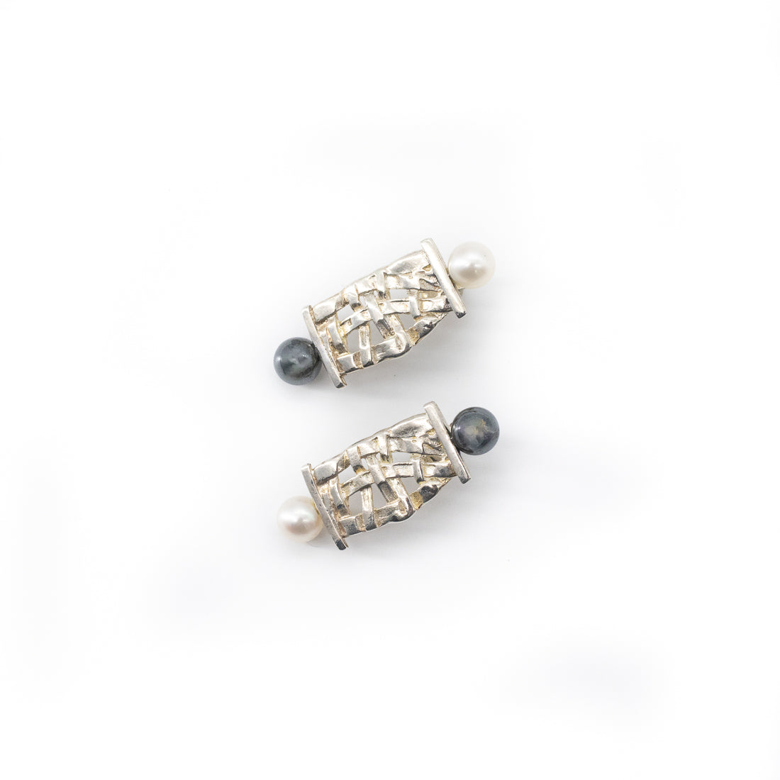 Double Woven Basket Pearl Stud Earrings
