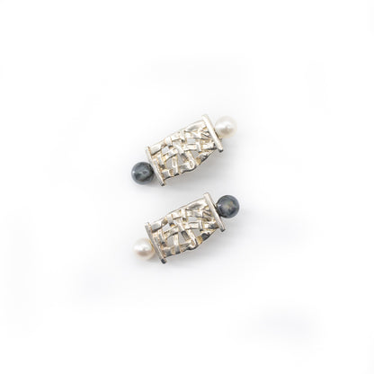 Double Woven Basket Pearl Stud Earrings