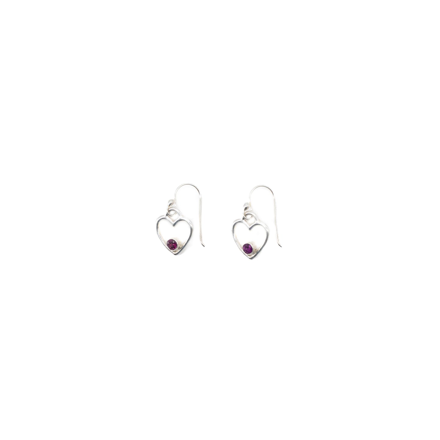 Open heart earrings with garnet