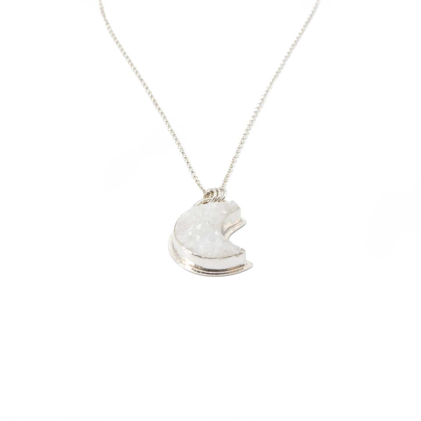 White agate druzy crescent moon necklace