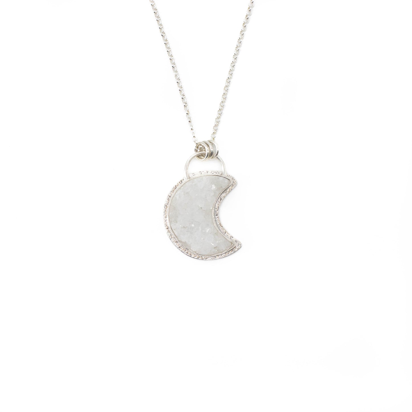 White agate druzy crescent moon necklace
