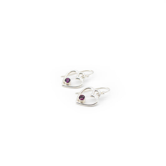 Open heart earrings with garnet