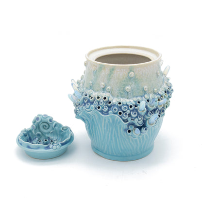 Lidded Pot in Blue with Glass Cystals