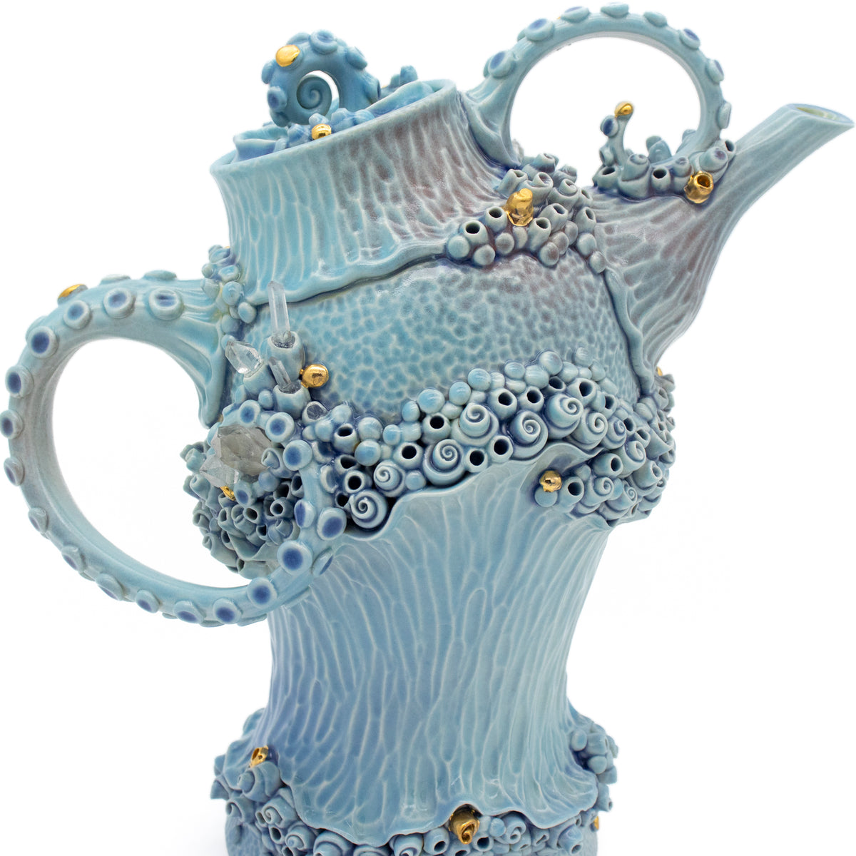 Teapot in Blue with Quartz Crystals and Gold
