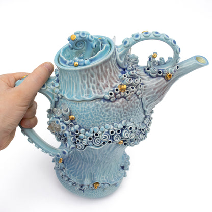 Teapot in Blue with Quartz Crystals and Gold