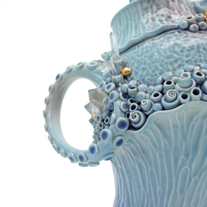 Teapot in Blue with Quartz Crystals and Gold