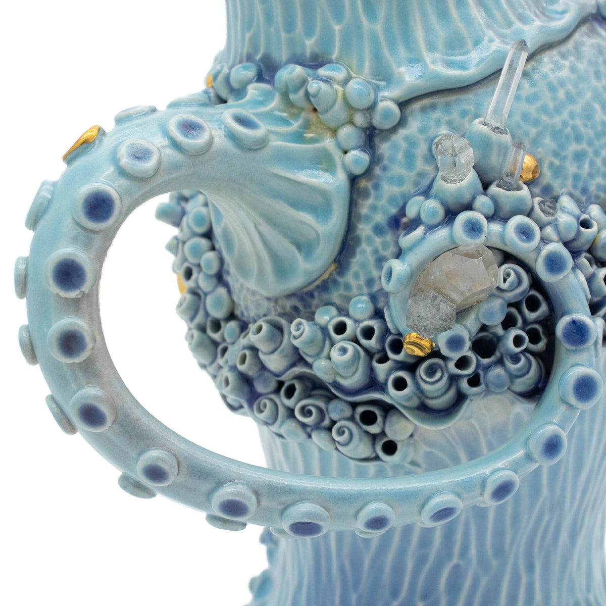 Teapot in Blue with Quartz Crystals and Gold