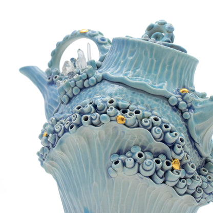 Teapot in Blue with Quartz Crystals and Gold